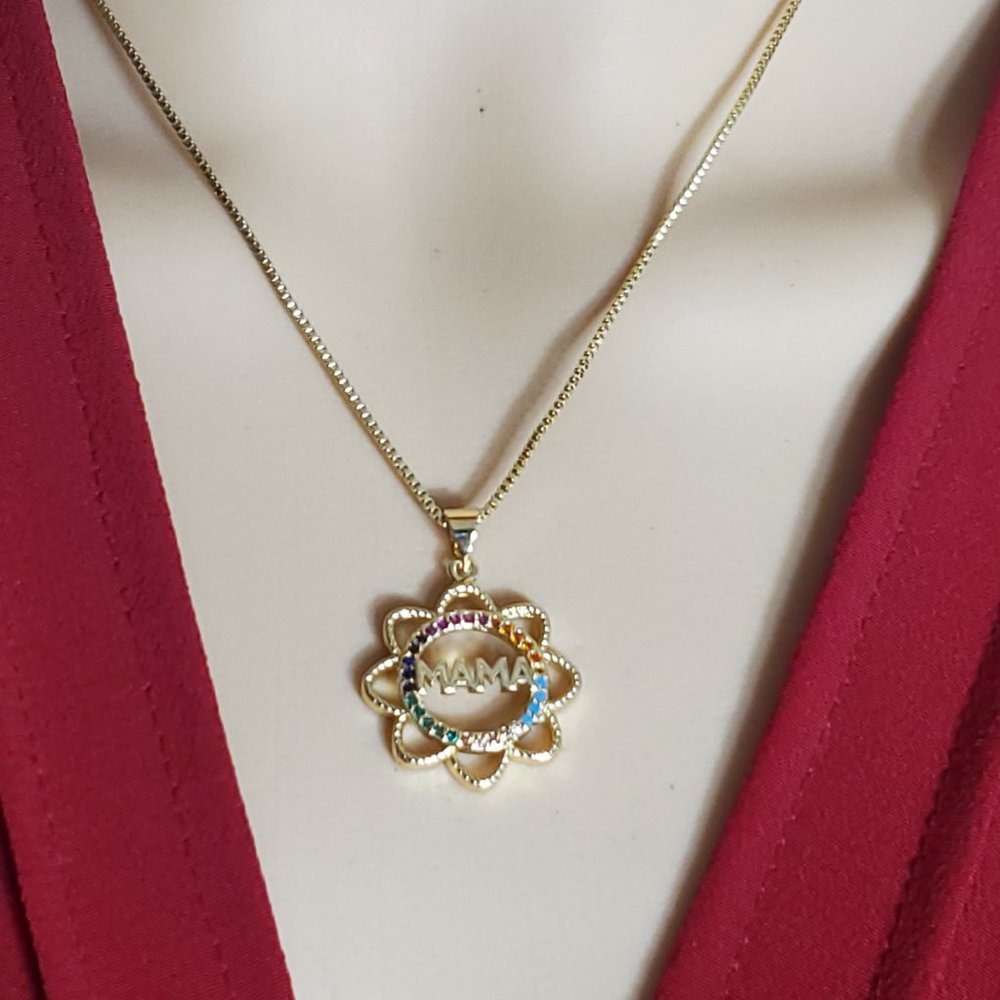 Mama Sunflower & Rainbow Crystals Necklace - Gold Plated Copper & Crystals - Picture 2 of 13